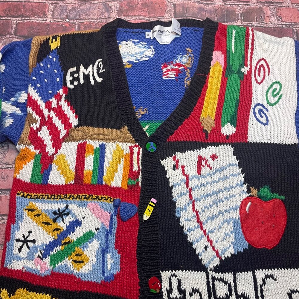 Vtg The Eagle's Eye Cardigan Sweater Hand Knit Teacher School Abcs 123s Sz XL - Picture 3 of 10
